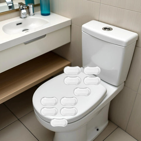 10Pcs Toilet Seat Bumpers Universal Fit For Bidet Attachments Silicone Rubber Cushions with strong adhesive shown on toilet lid