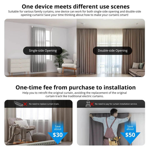 No Sweat Install Zigbee Smart Curtain Motor And Heavy Duty Electric Curtain Driver For Smooth Home Automation With Alexa Google Assistant Remote Control Easily Moves Heavy Drapes Needs External Hub, showcasing single and double-side curtain openings.