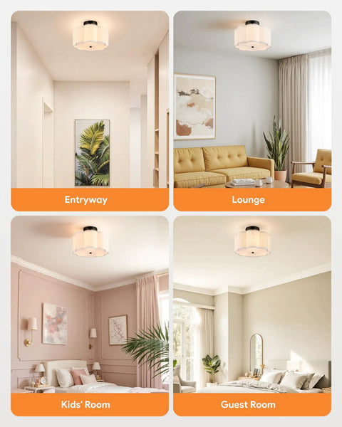Three Light Semi Flush Mount Ceiling Light Fixture In Black Finish With White Fabric Drum Shade in various rooms