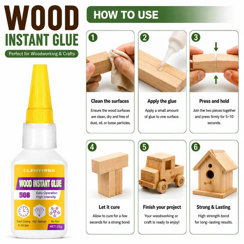 Heavy Duty Fast Setting Wood Glue For Furniture And Woodworking And Clear Water Resistant Adhesive With A Knockout Grip instructional use guide with steps.