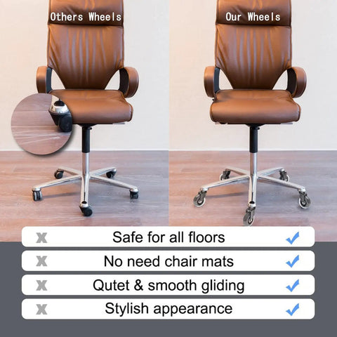Comparison of Top Notch Office Chair Caster Wheels Replacement Rubber Casters, showing upgraded smooth gliding on a desk chair.