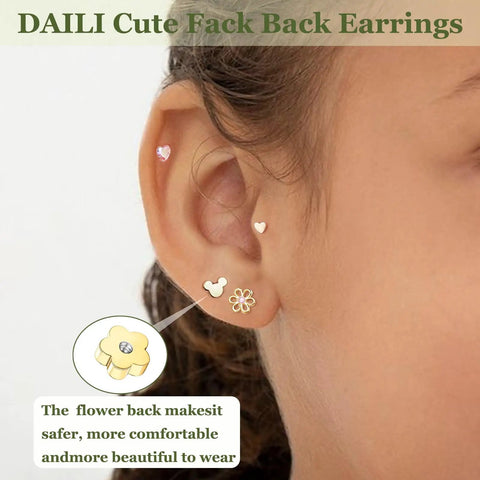 8 Pair Hypoallergenic Earring Set For Babies To Teens, Nickel Free Titanium And 14K Gold Plated Screw Back Studs, Flat Back Comfort For Sensitive Ears, Cute Flower Heart Star Ball Dot Mouse Designs, Baby First Jewelry, girl's ear with flower, heart and mouse studs
