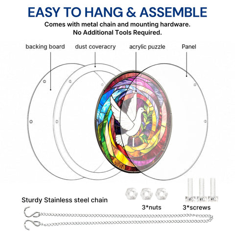 Dove Acrylic Sun Catcher Puzzle Kit, easy assembly diagram with hanging chain, 7.4 inch acrylic, no glue needed.