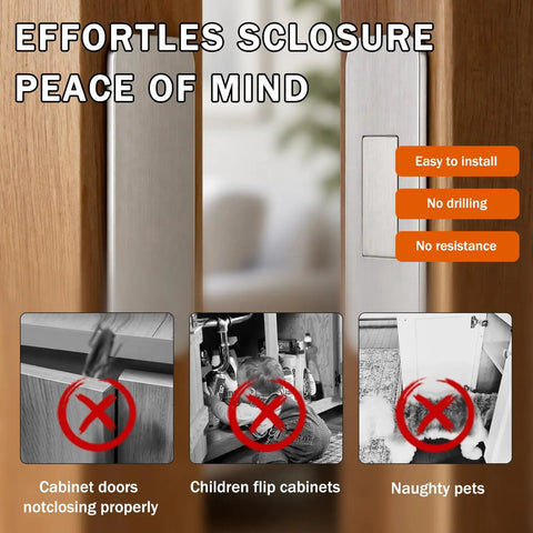 Image showing 8 Pack Cabinet Magnets For Closure And Magnetic Door Catch, highlighting no drilling and easy installation benefits.