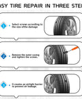 Infographic showing steps for tire repair using 60 Piece Tire Repair Nails Kit With Four Sizes For Quick DIY Self Service Tire Fix