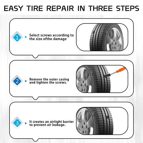 Infographic showing steps for tire repair using 60 Piece Tire Repair Nails Kit With Four Sizes For Quick DIY Self Service Tire Fix