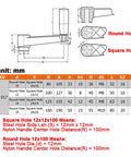 Technical diagram of 4 Inch Nylon Crank Handle For Drill Press Revolving Handle With Round Or Square Installation Hole dimensions.