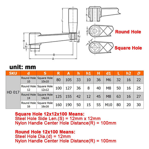 Technical diagram of 4 Inch Nylon Crank Handle For Drill Press Revolving Handle With Round Or Square Installation Hole dimensions.