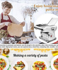 Multifunction Electric Noodle Machine With Heavy Duty Stainless Steel Frame, Automatic Pasta Maker Featuring 6 Adjustable Thickness Settings, Includes 3 Durable Blades And Dumpling Press Kit For No Sweat From Scratch Cooking in use with dough.
