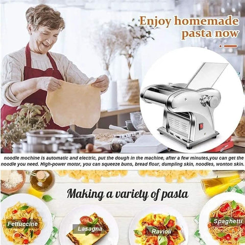 Multifunction Electric Noodle Machine With Heavy Duty Stainless Steel Frame, Automatic Pasta Maker Featuring 6 Adjustable Thickness Settings, Includes 3 Durable Blades And Dumpling Press Kit For No Sweat From Scratch Cooking in use with dough.
