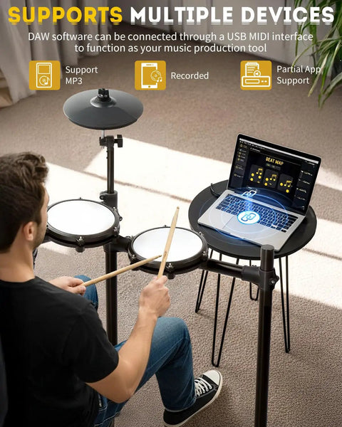 Man playing Electric Drum Set With USB MIDI Dual Power Modes Dual Zone Triggering 64 Polyphony 225 Authentic Sounds with laptop