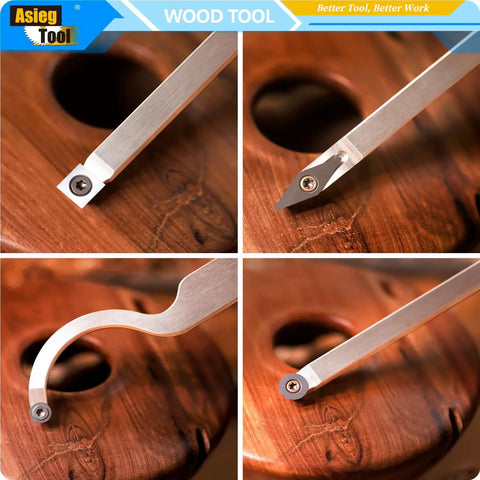 Pro Grade 4 Piece Mini Carbide Tipped Wood Lathe Turning Tools Set with wood handles showing various tip shapes on wood surface