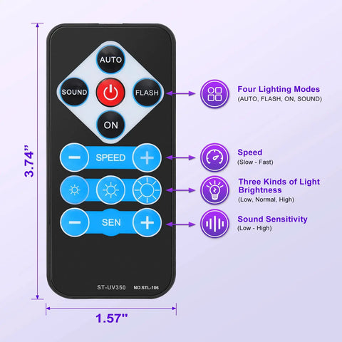 Remote for Two Pack Super Bright 54W UV Black Lights with modes, speed, brightness, and sound sensitivity adjustments.