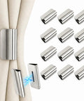 Heavy Duty Magnetic Curtain Clips For Blackout Windows With Beefy Adhesive Backing No Drill Hassle For Bedroom Office Or Bath Sweet Upgrade To Total Darkness And Snug Privacy Vibe, pack of 12 clips on light fabric.