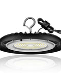 UFO LED High Bay Light 150W 16500 Lumens 5000K Plug In Shop Light With 110 Degree Beam, side view with US hook and plug