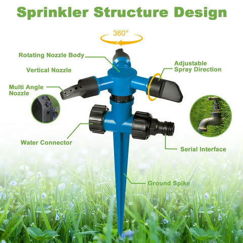 Diagram of No Fuss Automatic Lawn Sprinkler System With 3 Adjustable Swivel Arms And 12 Nozzles 360 Degree Rotating Coverage