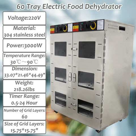 Tough as Nails 304 Stainless 60 Tray Food Dehydrator 3000W Dual Chamber with dual door, displaying digital controls and clear windows.