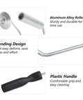 Close-up of Fiberglass Roller Tool Set Of 5 for Resin Laminating and Repair showing aluminum alloy roller, bending design, and plastic handle.