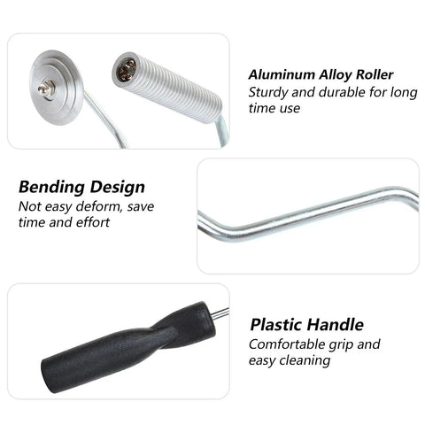 Close-up of Fiberglass Roller Tool Set Of 5 for Resin Laminating and Repair showing aluminum alloy roller, bending design, and plastic handle.