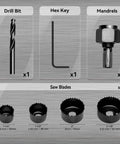 KATA 6-piece hole saw kit front view showing drill bit, hex key, mandrels, and four saw blades (1-1/4in to 2-1/8in)