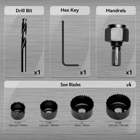 KATA 6-piece hole saw kit front view showing drill bit, hex key, mandrels, and four saw blades (1-1/4in to 2-1/8in)