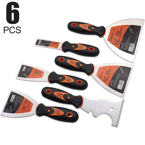 Six Pack Putty Knife Set With Multifunction Scraper Painters Knife For Drywall Taping Pro Grip Handle Stainless Steel Rust Resistant Non Slip TPR Comfort Grip