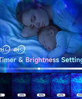 Lit 5 In 1 Galaxy Projector for Bedroom shown with timer and brightness settings, illuminating sleeping mother and child with starry effect.