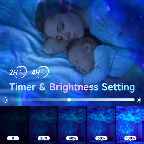 Lit 5 In 1 Galaxy Projector for Bedroom shown with timer and brightness settings, illuminating sleeping mother and child with starry effect.