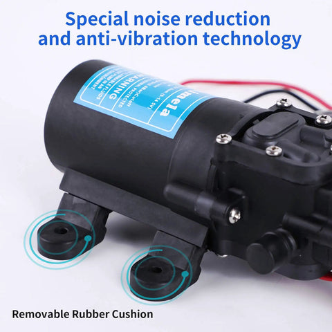 12V DC Fresh Water Pump With 2 Hose Clamps For Marine And Lawn Use showing noise reduction and anti-vibration features