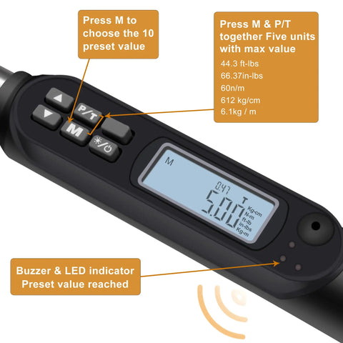Digital display of the Three Eighth Inch Digital Torque Wrench With Buzzer And LED, showing presets and unit measurements.
