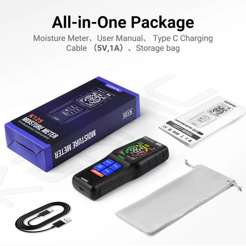 Pinless Moisture Meter For Drywall And Wood With Noninvasive Detection And Accurate Humidity Readings A Handy Tool For Drywall Masonry Hardwood Softwood Depth Up To Three Quarters Inch. kit with meter, manual, USB-C cable and storage bag