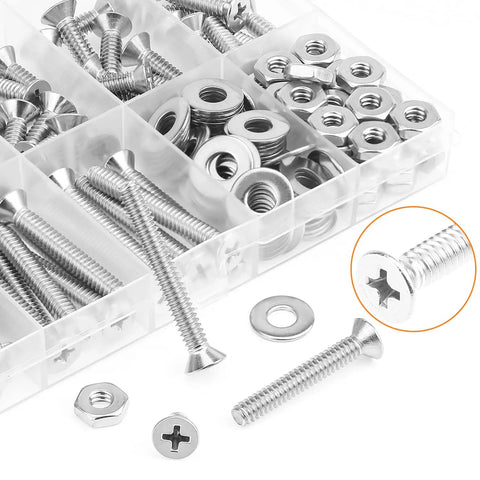 Massive 140 Piece Size 10 24 Phillips Countersunk Machine Screws Nuts And Washers Assortment Kit In 304 Stainless Steel Coarse Thread Fully Threaded For Do It Yourself Home Garage Projects, showing screws, nuts, washers in box.