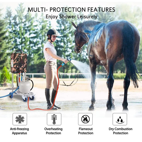 Horse being washed with 5L Portable Propane Tankless Water Heater for Outdoor Living, 1.32 GPM Flow, 34,000 BTU/hr, camouflage finish