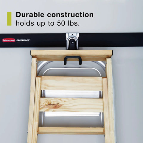 FastTrack Ladder Hook Wall Mount System for Garage Shed and Home holding wooden ladder on FastTrack rail