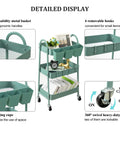 3 Tier Rolling Cart With Lockable Wheels And Hanging Cups, green heavy duty metal utility cart for kitchen, bathroom, and workshop