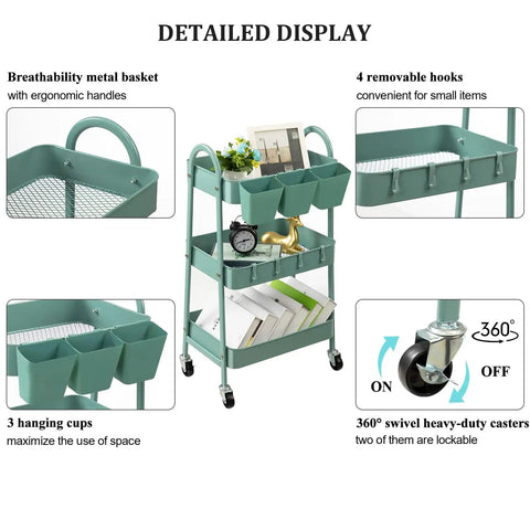 3 Tier Rolling Cart With Lockable Wheels And Hanging Cups, green heavy duty metal utility cart for kitchen, bathroom, and workshop