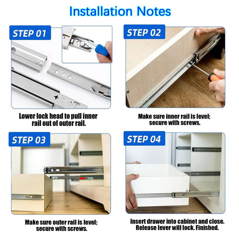 Installation steps for heavy duty full extension drawer slides with side mount rails for 300mm, 550mm, and 1200mm lengths.