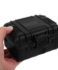Slick Portable Plastic Toolbox Organizer With Molded Foam Inserts For Camera Gear and hard shell carry case held in hand.