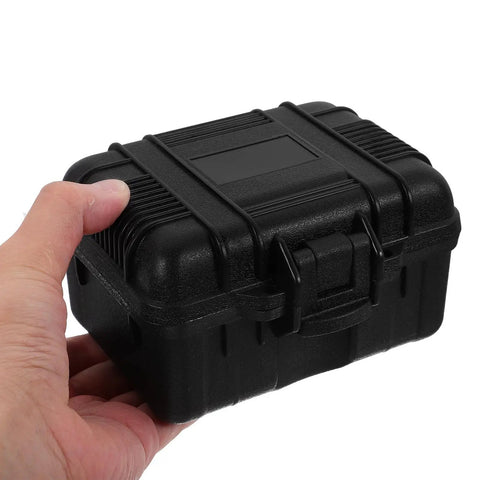 Slick Portable Plastic Toolbox Organizer With Molded Foam Inserts For Camera Gear and hard shell carry case held in hand.