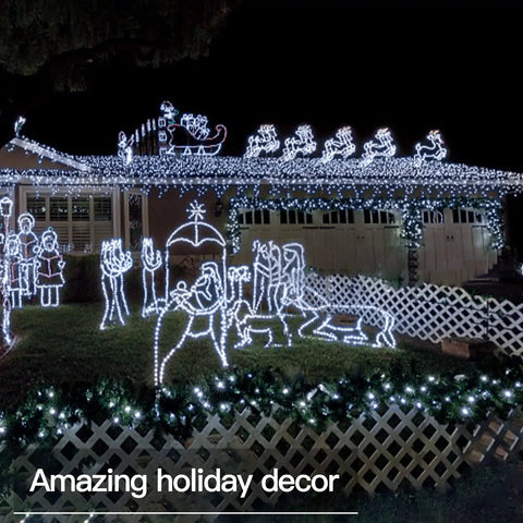 66Ft 200 LED Outdoor String Lights With Battery Pack And Remote Waterproof Fairy Lights illuminating a house display at night