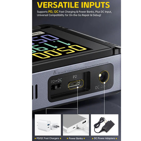 Close-up of Plug And Play Adjustable CNC DC Voltage Regulator 30V 5A Portable Power Supply with digital display and input ports.