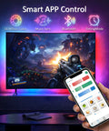 Image of a TV with immersive RGB lighting setup, Bluetooth app control, part of the 55 To 65 Inch TV LED Backlight Kit with remote.