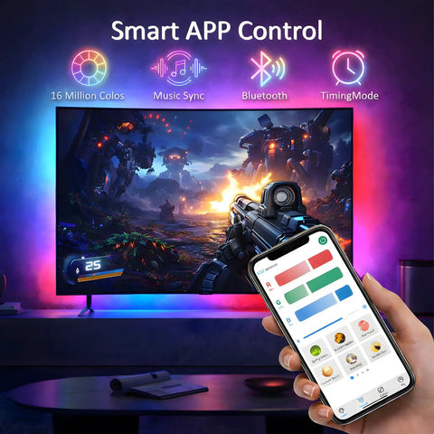 Image of a TV with immersive RGB lighting setup, Bluetooth app control, part of the 55 To 65 Inch TV LED Backlight Kit with remote.