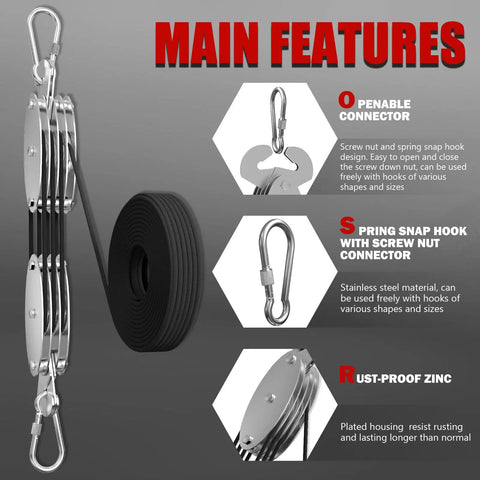 530 Lbs Upgraded Rope Hoist Pulley System Block Tackle 60 Ft Black Heavy Duty Lifting Kit For Garage And Workshop Beefed Up Load Capacity And Easy Rigging, black rope pulley with snap hooks