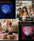 Football Helmet Shape 3D LED Night Light With Optical Illusion displayed next to children at a birthday party setting.