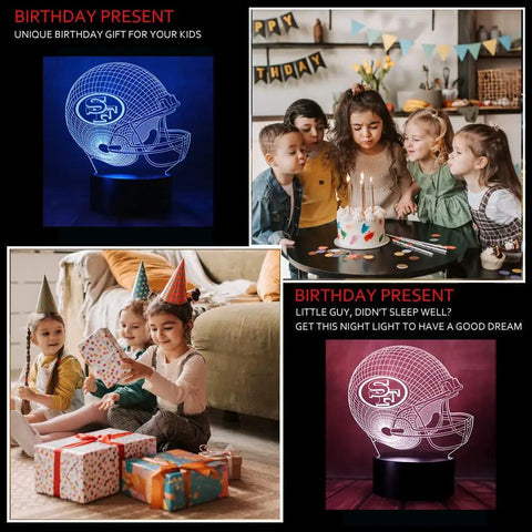 Football Helmet Shape 3D LED Night Light With Optical Illusion displayed next to children at a birthday party setting.