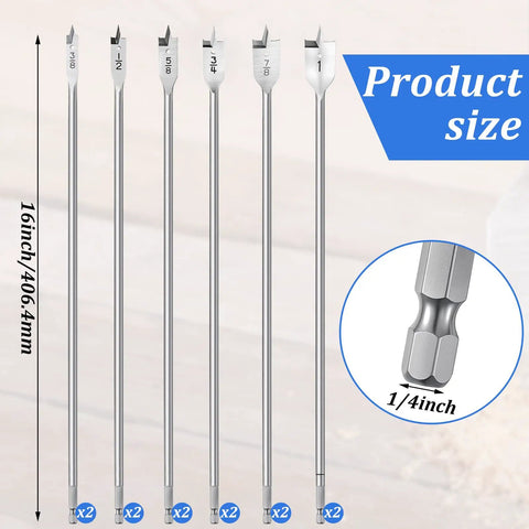 Extra Long 16 Inch Wood Drill Bit Set 12 Piece Spade Paddle Flat Bit Kit With Three Eighths Inch To One Inch Sizes Carbon Steel
