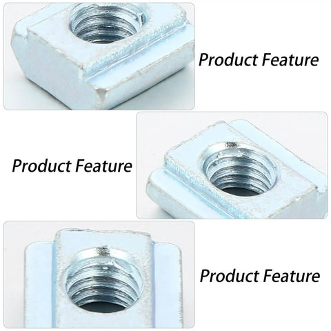 Premium 40 Piece Heavy Duty Hammer Head T Nuts For T Slot Extrusions close-up view of silver plated carbon steel t-nuts for fastening