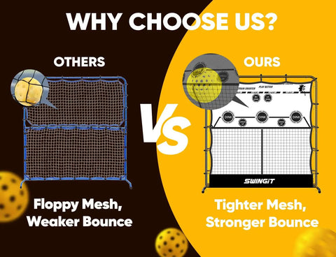 Comparison of Two In One Pickleball Rebounder Net With Kitchen Line System and a floppy mesh, showing mesh tension and bounce strength.