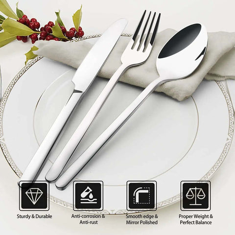 20 Piece Flatware Set For 4 In 18/10 Stainless Steel, Mirror Polished Silverware arranged on a plate with a napkin.